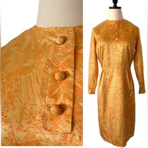 Vintage 1960's Orange Satin Asian Patterned Long Sleeve Midi Dress Medium Mod